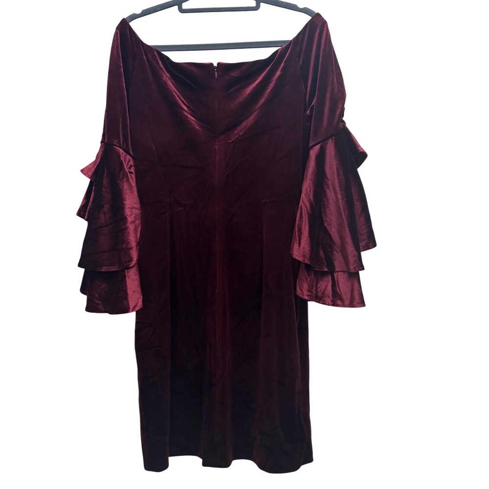 Tahari Velvet Sheath Mini Dress Size 6 Burgundy Ruffle Sleeve Cocktail Holiday - Picture 4 of 7